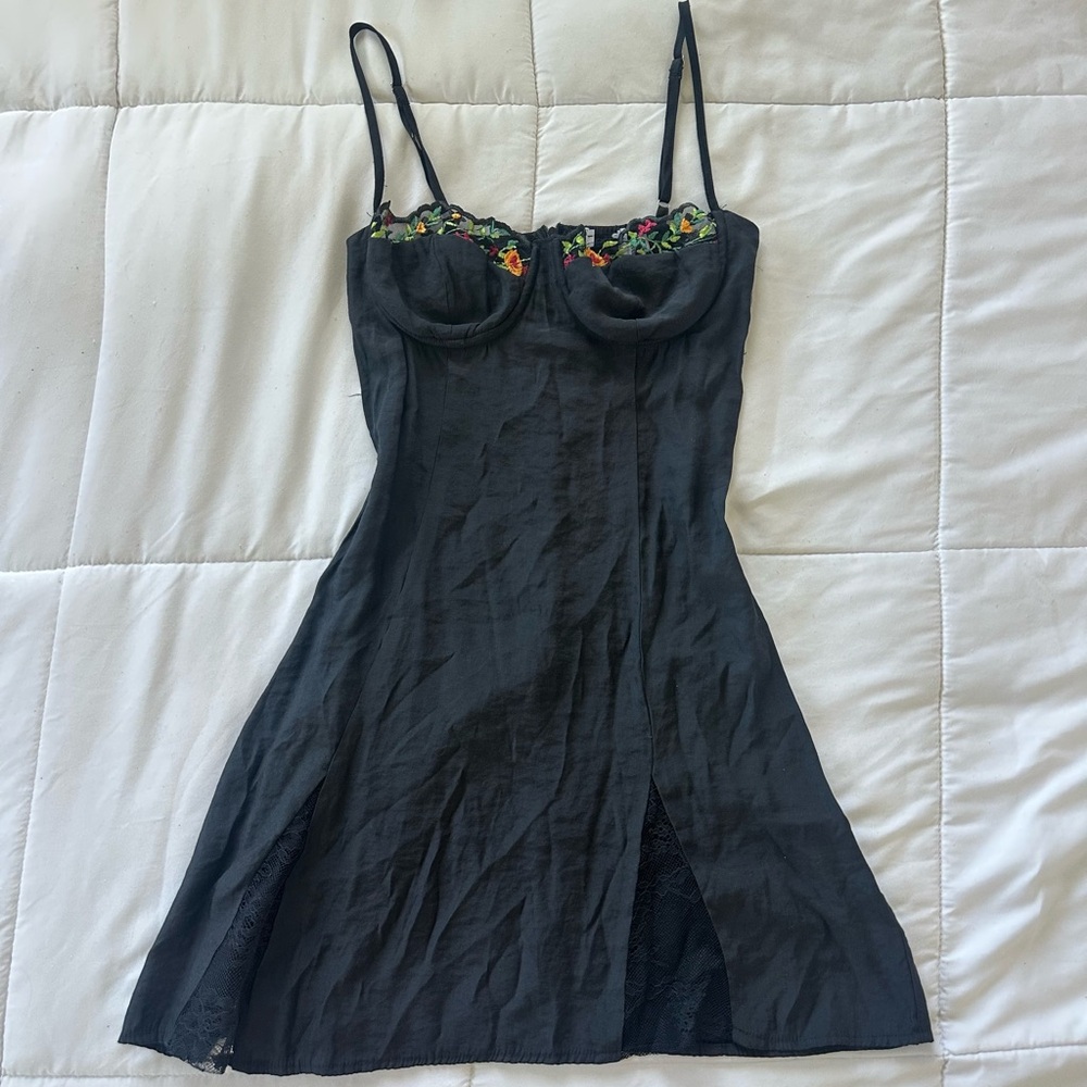 Black Slip Dress with Floral Trim